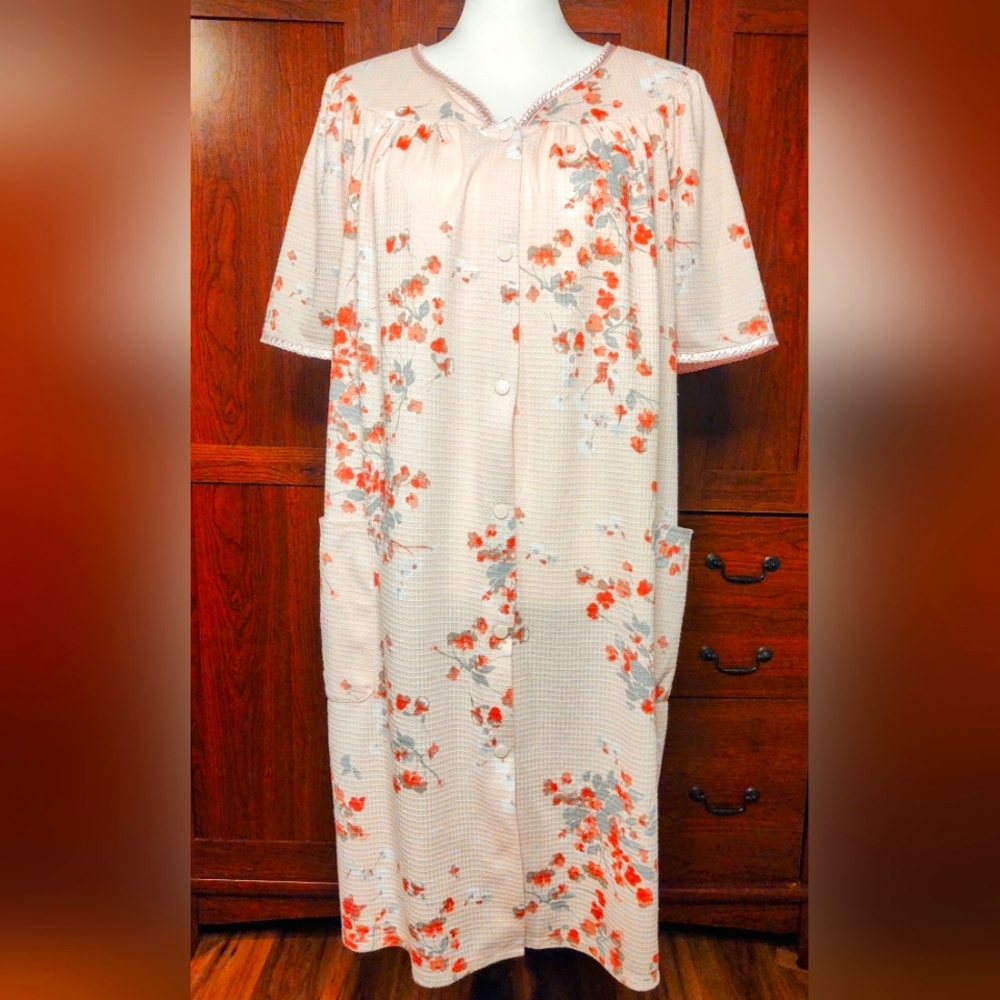 Vtg Adonna Snap Floral Waffle House Dress Sz M